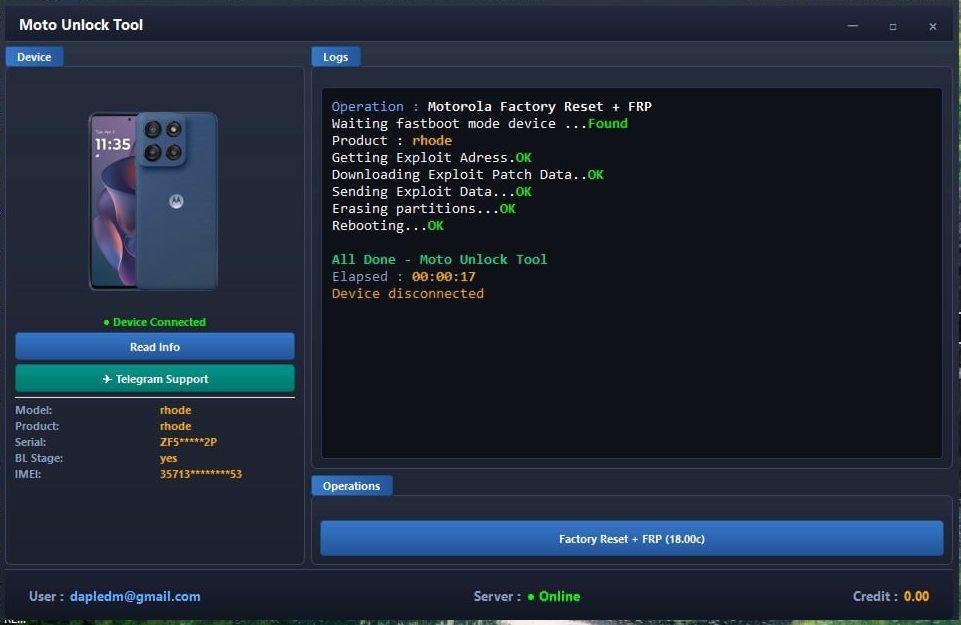 MotoUnlockTool.com FRP,MDM,Bootloader Unlock,Dual Imei,CPID,Network Unlock,Flash [Existing User]
